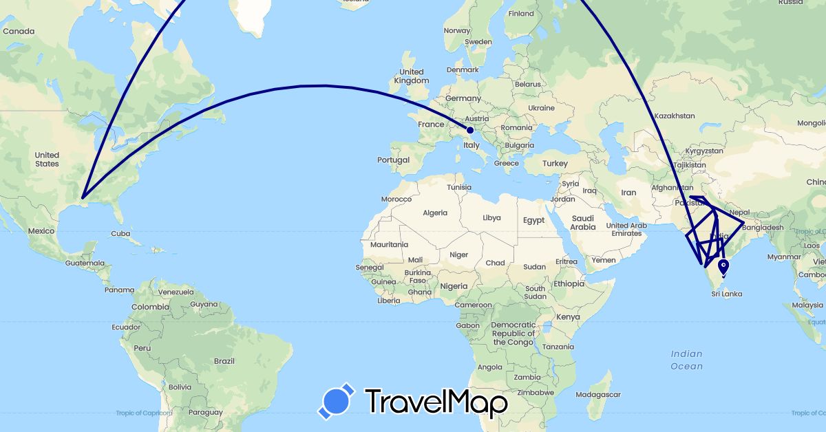 TravelMap itinerary: driving in India, Italy, Pakistan, United States (Asia, Europe, North America)